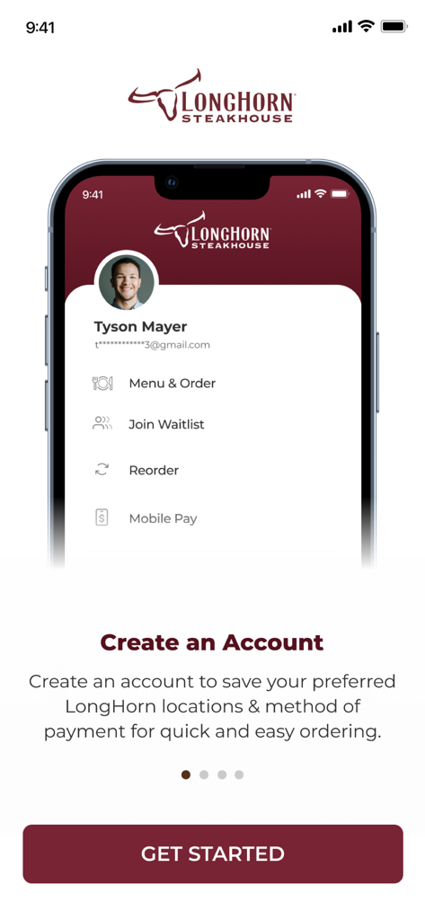 LongHorn Steakhouse® - LongHorn Steakhouse mobile app onboarding screen showing the create account feature with options for waitlist and mobile pay