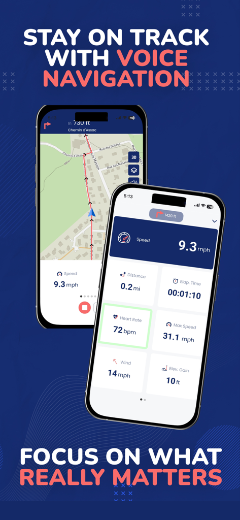 Bike GPS Navigation & Tracker - Bike navigation app interface showing voice map guidance and a dashboard with cycling metrics like speed heart rate and distance