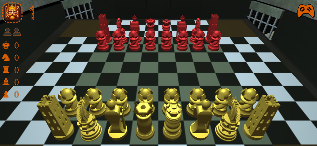 CHESS MATES ™ - Ein 3D-Schachspiel mit kundenspezifischen Gold- und Rot-Figurensets in einem Dungeon-thematisierten Spielraum