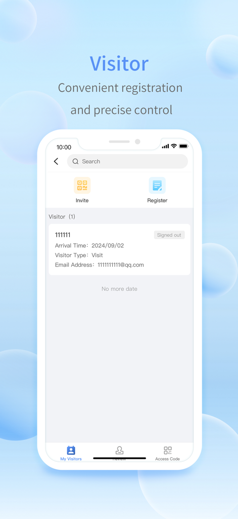 Oberfläche der UNV Guard Connect App, die die Besucherregistrierung und eine Liste von Besucherdatensätzen anzeigt