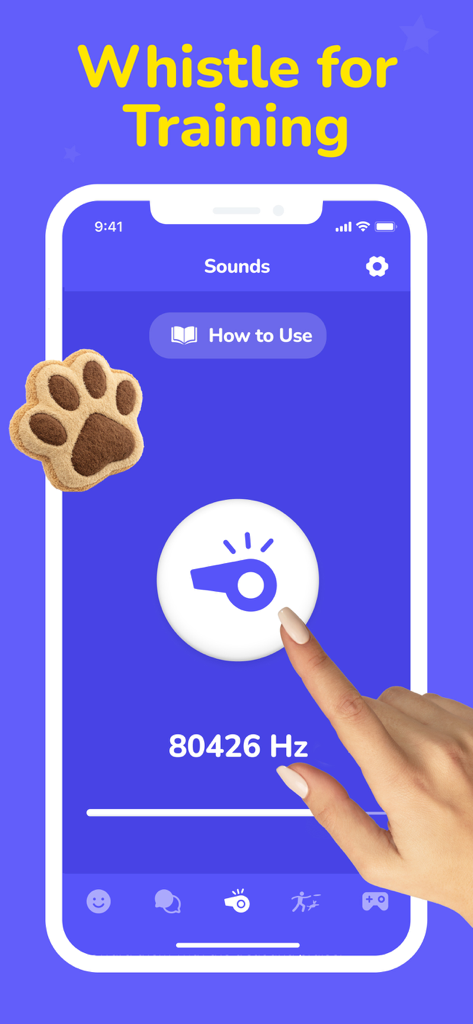 Dog Translator - Games for Dog - 周波数表示付きの犬のトレーニング用超音波ホイッスルを示すモバイルアプリのインターフェース。