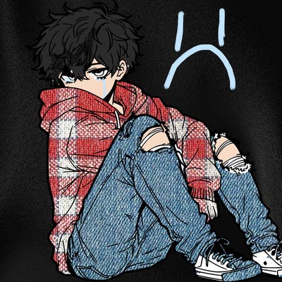 a male hoddie ripped jeans messy hair anime