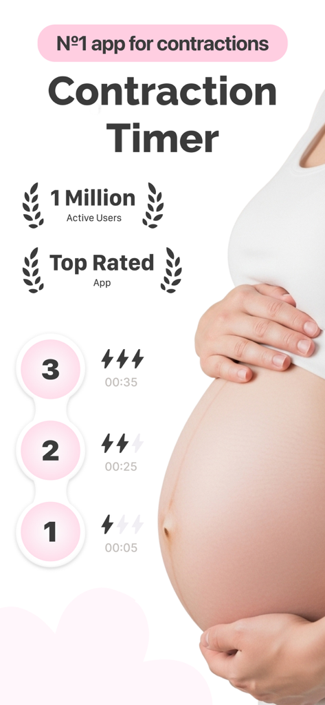 Contraction Timer and Tracker app interface showing tracked labor contractions and user rankings