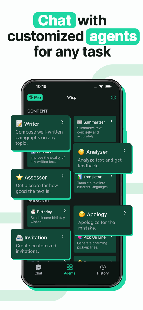 AI ChatBot Assistant 5 0 - Interface of the Wisp AI app showing various customized agents for tasks including writing summarizing and translating