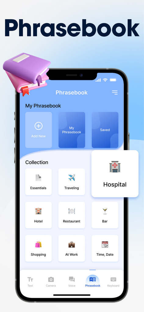 Translate Go KI-Übersetzer App zeigt die Funktion "Sprachführer" mit verschiedenen Reise- und Geschäftskategorien wie "Krankenhaus" und "Restaurant".