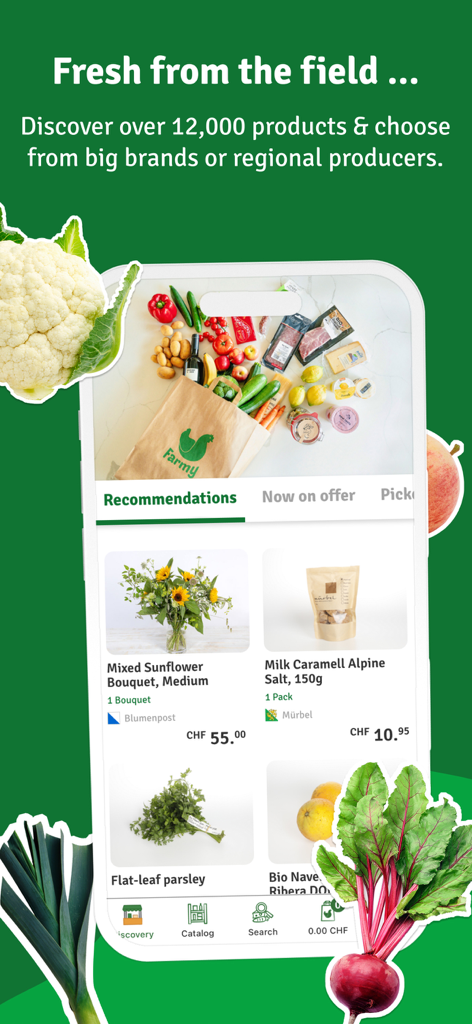Farmy app interface showcasing a selection of fresh regional groceries and local products.