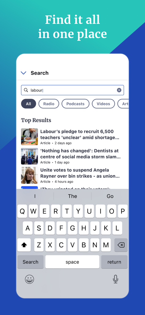LBC: UK, World & Breaking News - LBCニュースアプリの検索インターフェースには、キーワード「labour」のトップ記事結果が表示されています。