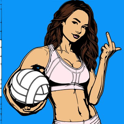 realistic girl playing volleyball while holding up the middle finger