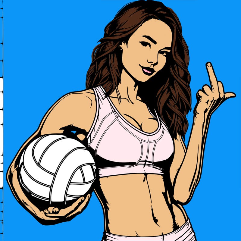 realistic girl playing volleyball while holding up the middle finger
