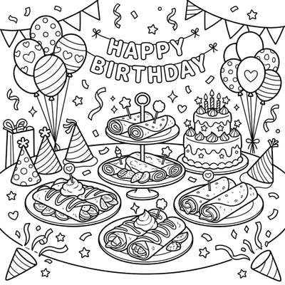 Get ready to color a festive birthday party scene, complete with delicious crepes, a celebratory cake, and cheerful decorations. This charming page offers a delightful way to celebrate and express your creativity.