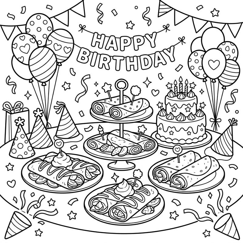 Get ready to color a festive birthday party scene, complete with delicious crepes, a celebratory cake, and cheerful decorations. This charming page offers a delightful way to celebrate and express your creativity.