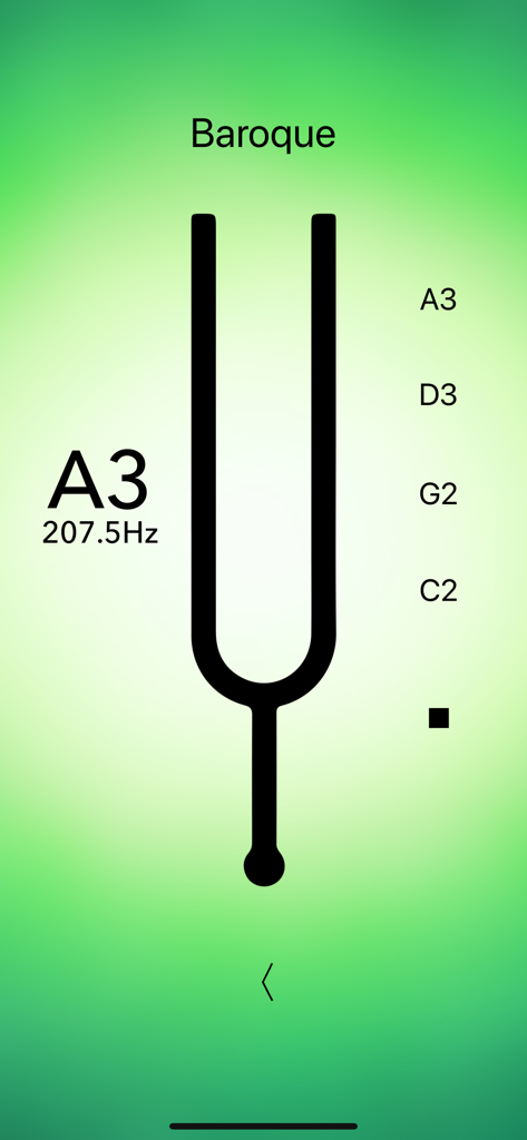 Cello Tuner Professional - Interfaz de la aplicación Afinador de Violonchelo Profesional mostrando la horquilla de afinación digital en modo barroco