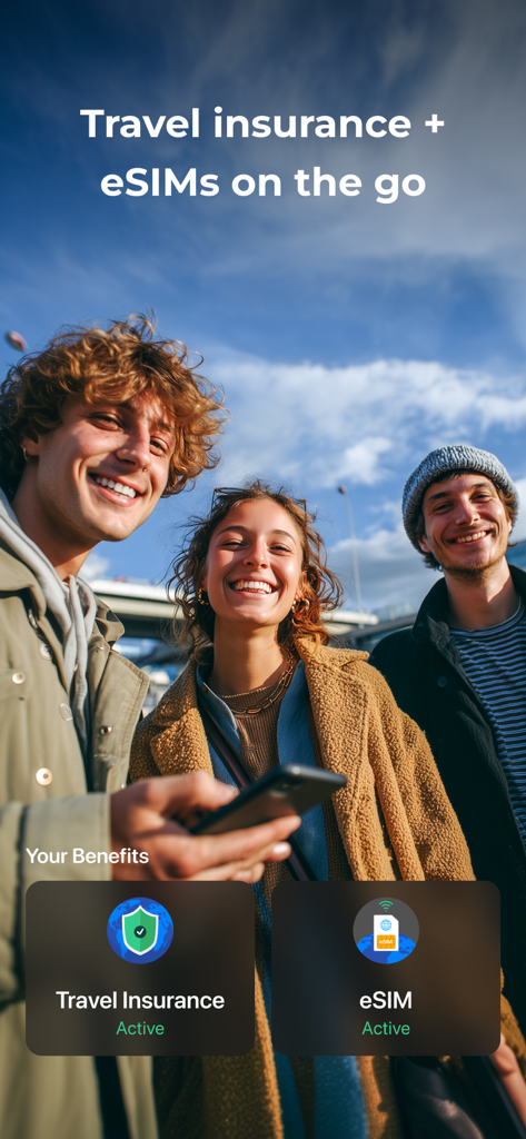 bunq - Three young friends smiling while using the bunq mobile banking app for travel insurance and eSIM services