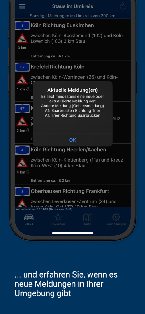 iVerkehr Pro app interface displaying real time traffic jam reports and highway alerts in Germany