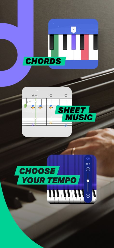 Piano by Yousician - Interface of Piano by Yousician app highlighting chords, sheet music, and tempo controls.