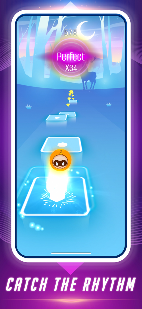 Dance Tiles: Music Ball Games - A character ball hopping on glowing musical tiles in a 3D rhythm game.