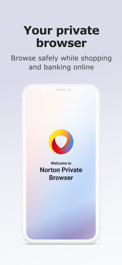 Tela de boas-vindas do Norton Private Browser exibindo recursos para compras e transações bancárias seguras