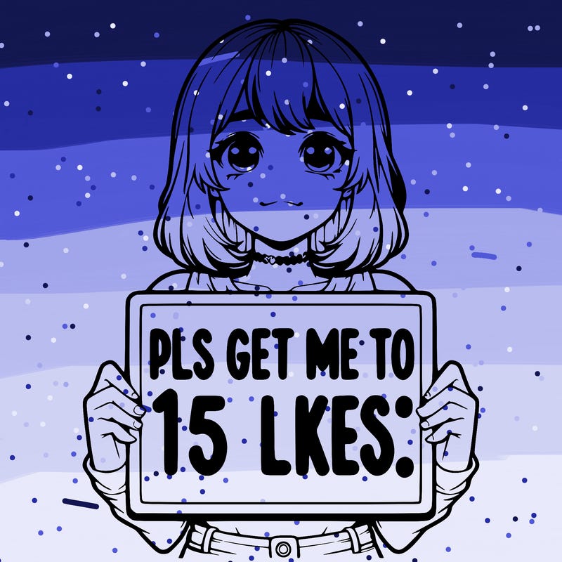 realistic girl holding up a sign that says “pls get me to 15 likes!”