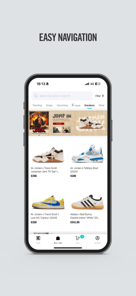 Interface mobile de l'application de baskets KLEKT montrant une navigation facile et des chaussures tendance.