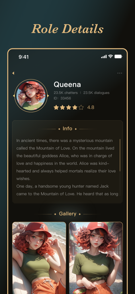 Sophie AI: Roleplay with AI - A detailed character profile for an anime girl named Queena within the Sophie AI app interface.