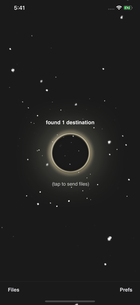 DropCopy app interface showing one destination found for wireless file transfer
