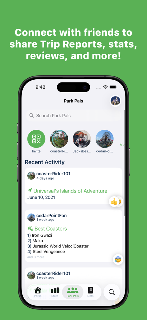 Pantalla social de la aplicación LogRide que muestra la función Park Pals con la actividad de amigos y las listas de montañas rusas de parques temáticos