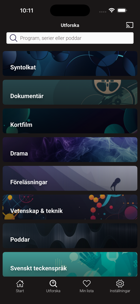 UR Play app explore screen showing Swedish educational video categories