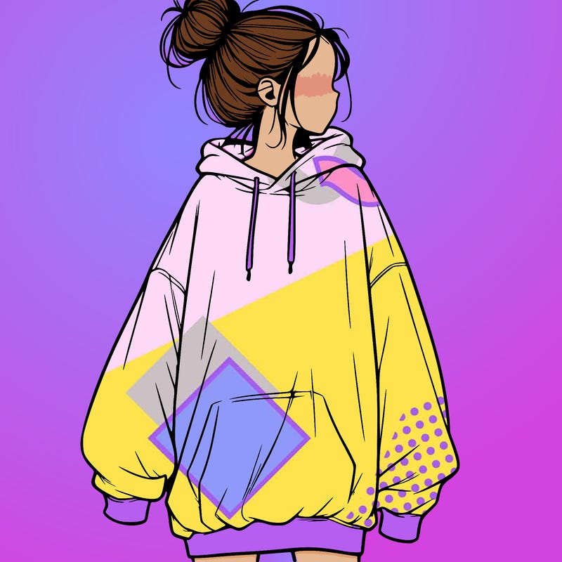 realistic girl with a oversized sweatshirt on and a bun