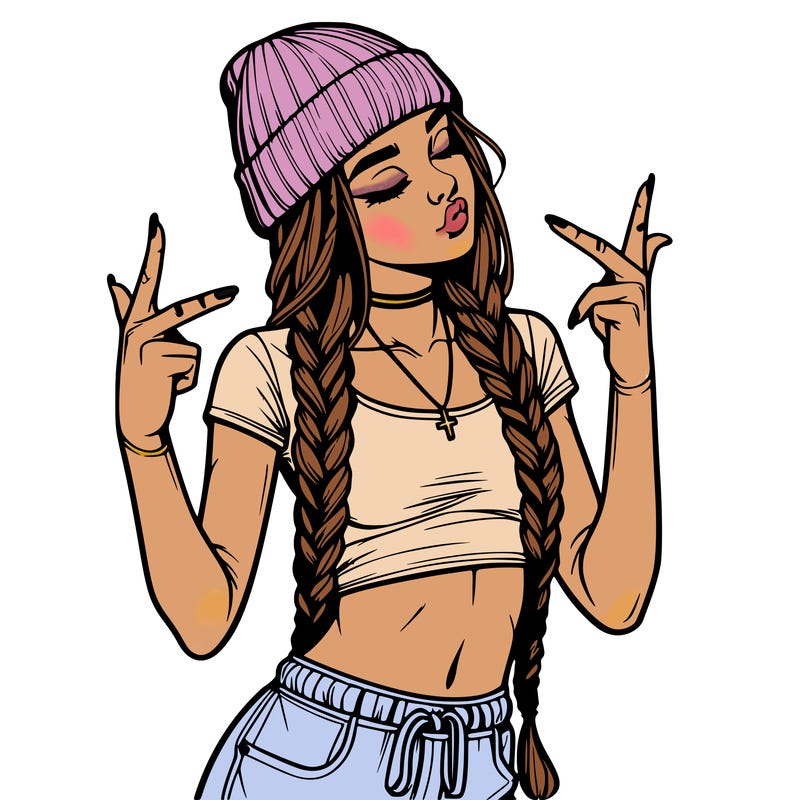 realistic teenage girl with braids and a beanie and crop top doing 🫶🏼