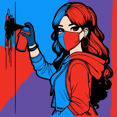 realistic girl with mask spray painting a wall