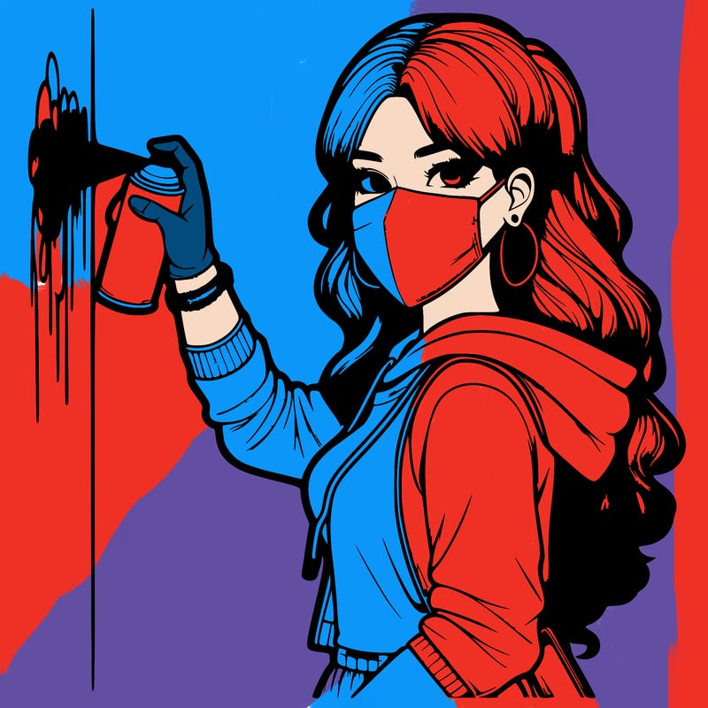 realistic girl with mask spray painting a wall