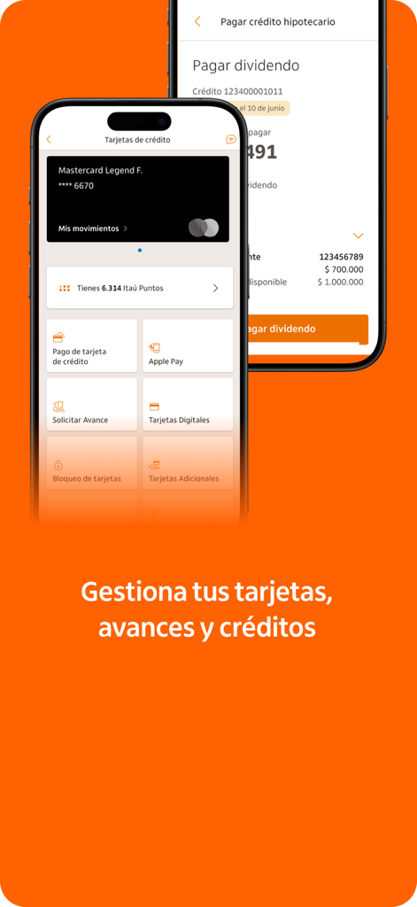 Itaú Chile - Itaú Chile mobile app interface showing credit card management and mortgage payment features on two smartphones