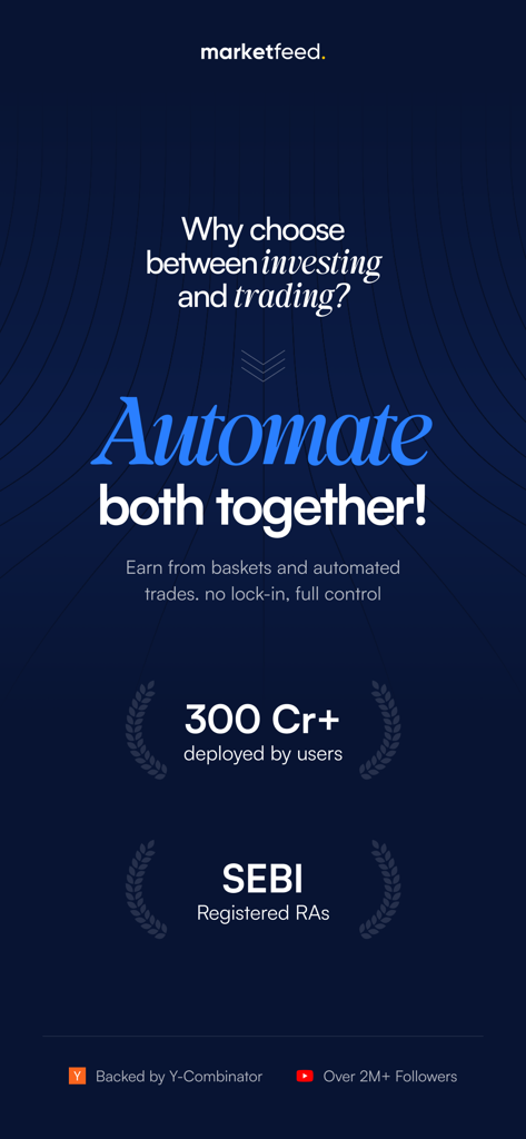 marketfeed - Marketing screen for marketfeed app highlighting automated investing and trading strategies with SEBI registered research analysts