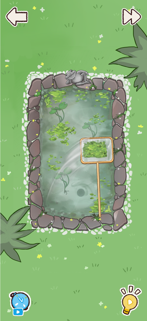 Satisroom: Perfectly Organized - Un reconfortante minijuego en Satisroom que muestra una red limpiando musgo verde de un pequeño estanque de jardín rodeado de piedras y una rana.