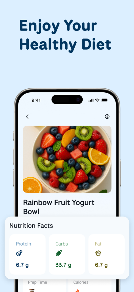 단백질, 탄수화물, 지방에 대한 자세한 영양 정보와 함께 건강한 과일 요거트 볼 레시피를 표시하는 WellMe 앱 인터페이스