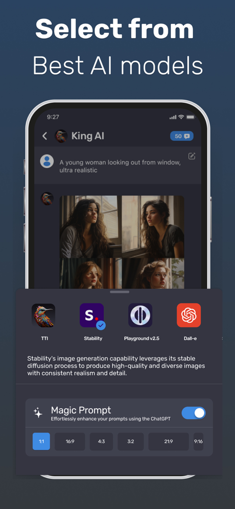 MiM Studio app interface showing various AI models like Stability and Dall-e for image generation.