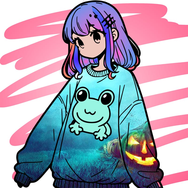 girl wearing frogging sweatshirt