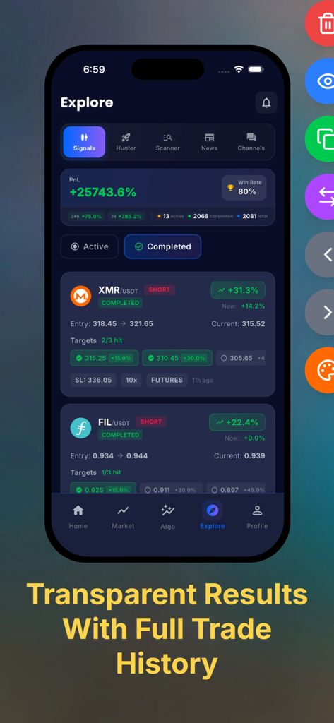 Sindex AI: Crypto Signal Alert - Interface de l'application Sindex AI montrant l'historique des signaux de trading crypto et les résultats de profit