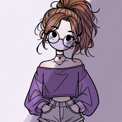 girl with a messy ponytail glasses a baggy crop top and jean shorts