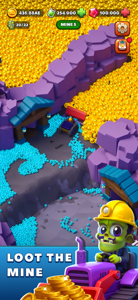 A zombie character driving a purple loader to collect gold and blue gems in a mine