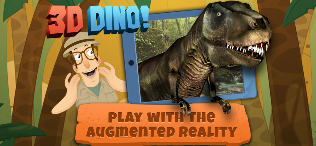 Dinosaur Games for Kids - Dig! - Un T-Rex en 3D sortant de l'écran d'une tablette, démontrant la fonction de réalité augmentée