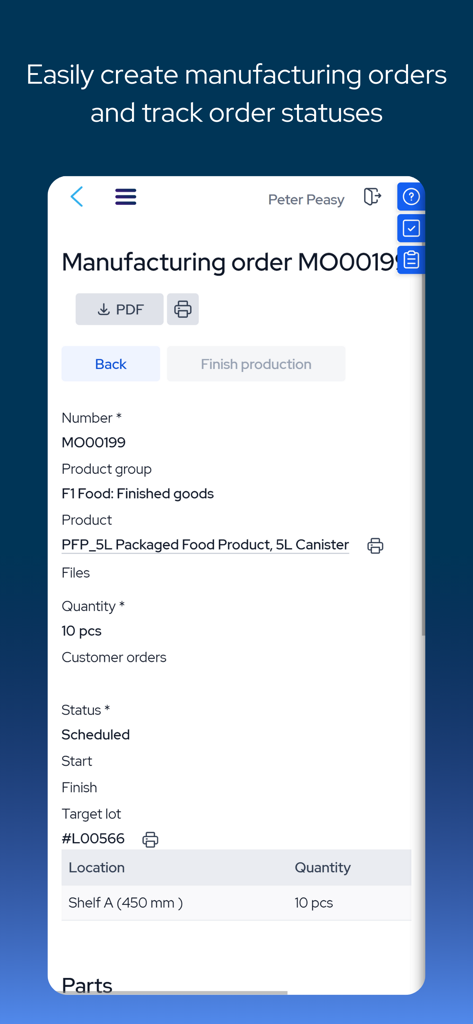 MRPeasy - MRPeasy app mobile interface showing a detailed manufacturing order with production status and quantity