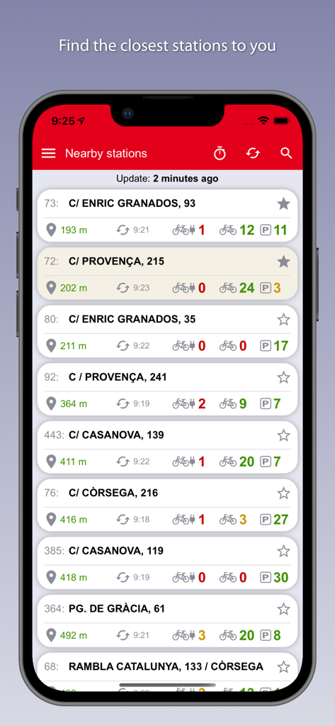Bicis Barcelona - Mobile app interface showing nearby bike rental stations in Barcelona with real-time bike and parking availability