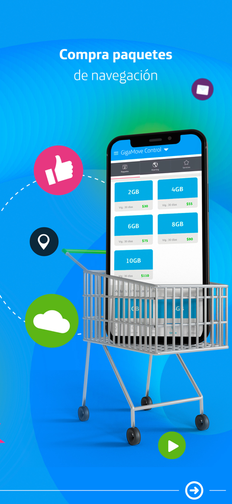 Movistar MX–Tu línea en la App - 다양한 모바일 데이터 패키지 구매를 위한 Movistar MX 앱 인터페이스를 보여주는 쇼핑 카트 안의 스마트폰입니다.