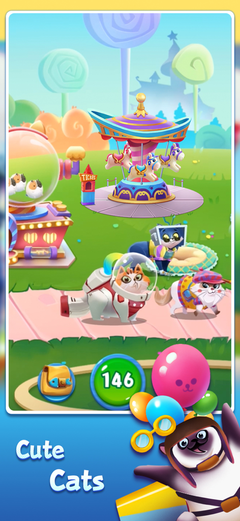 Several cute cats dressed in unique costumes like an astronaut suit and a computer monitor head in a colorful park with a carousel.