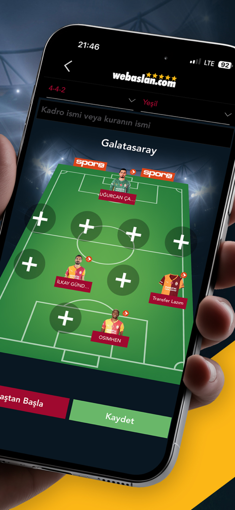 Webaslan - GS 1905 Haber - Interface do aplicativo Webaslan para montar a escalação titular do futebol do Galatasaray