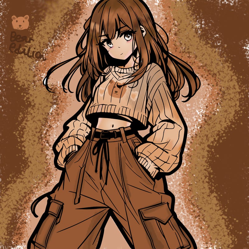 anime teen girl with baggy pants and crop top with sweater