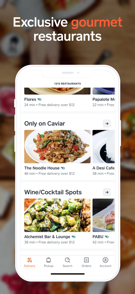 Interfaz de la aplicación Caviar que muestra una lista seleccionada de restaurantes gourmet exclusivos y categorías de cenas premium.