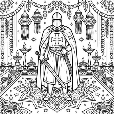 Unleash your creativity with this extraordinary coloring page featuring a valiant Knight Templar immersed in the joyous traditions of Diwali. This unique blend of historical valor and festive light promises hours of intricate and engaging coloring fun.