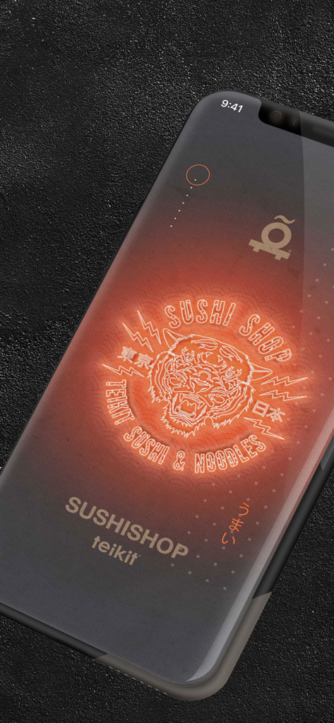 Teikit - Teikit sushi and noodles mobile app splash screen featuring a glowing neon tiger logo